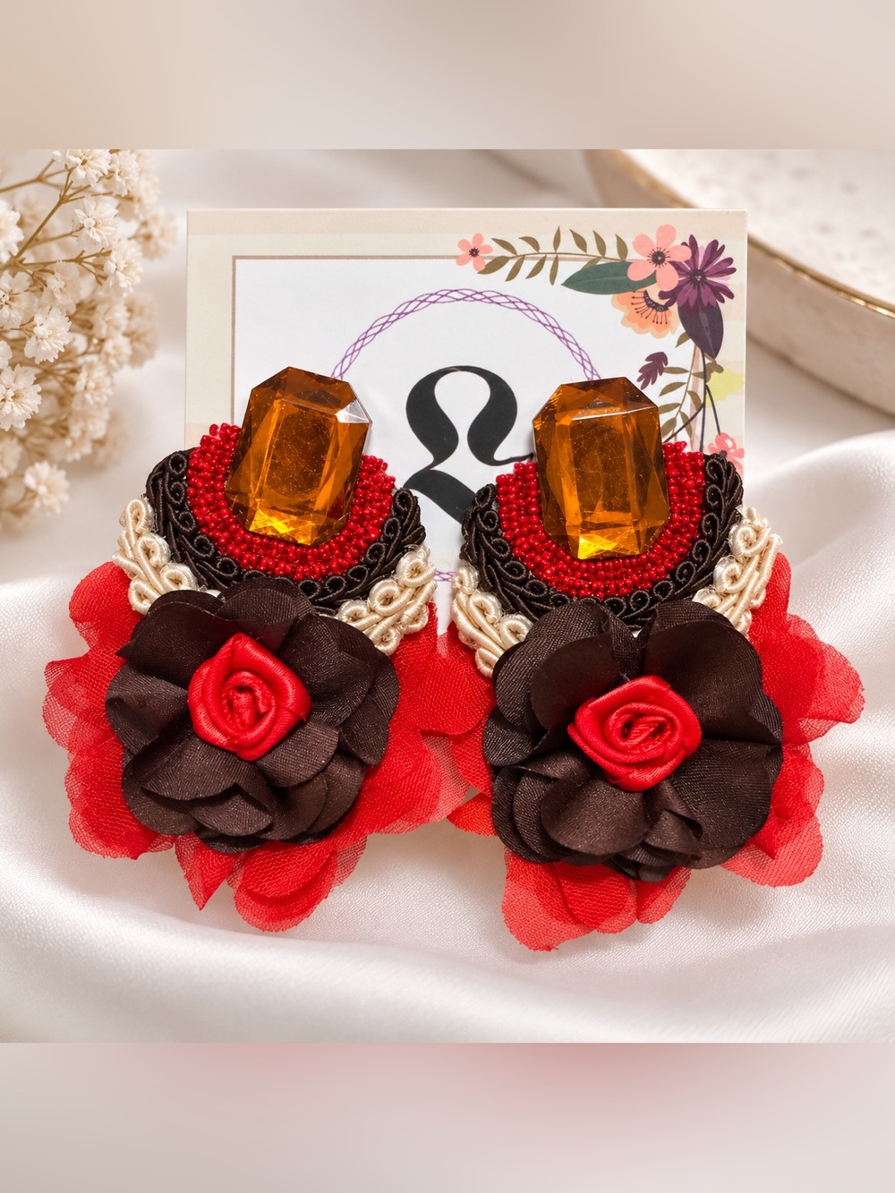 Statement Red & Brown Floral Drop Earrings with Amber Crystal